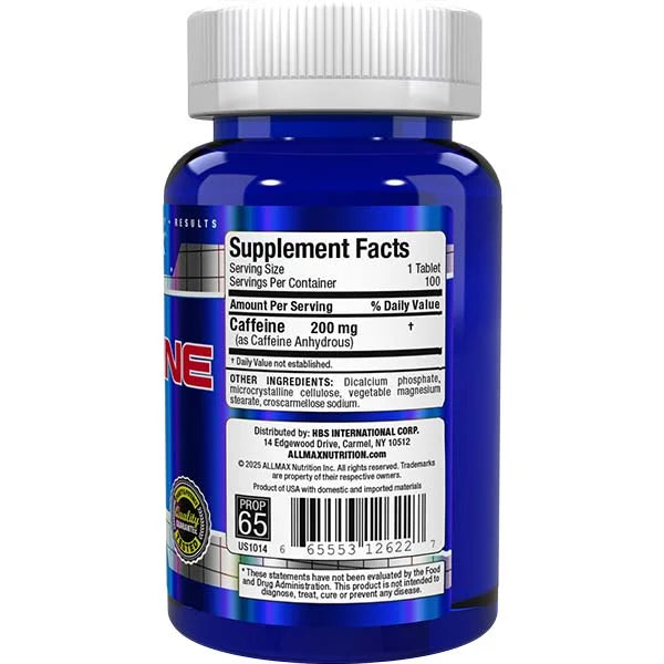 Allmax Caffeine Pills 200mg Supplement Facts label