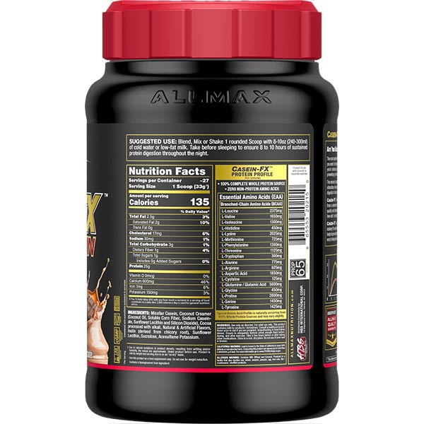 Allmax CaseinFX Chocolate — tub back with Nutrition Facts and amino acid profile, 135 calories