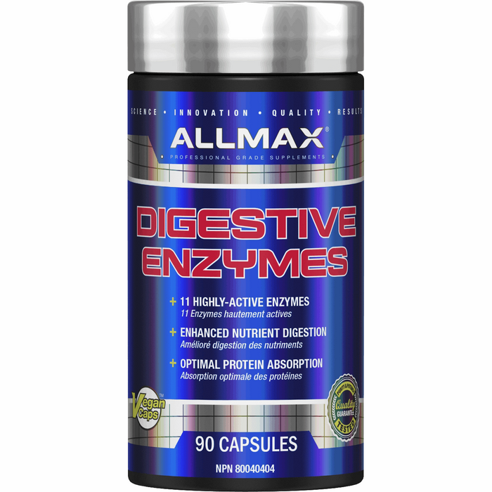 ALLMAX Digestive Enzymes (90 capsules) — front of tub — in Canada