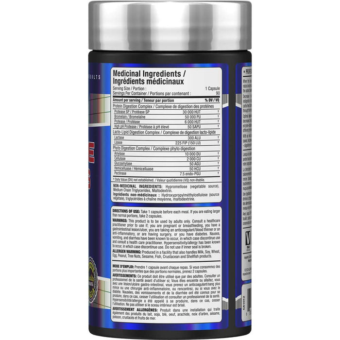 ALLMAX Digestive Enzymes — back of bottle Medicinal Ingredients panel with protease, bromelain, lactase