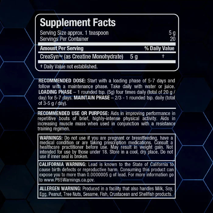 ALLMAX Micronized Creatine Supplement Facts and directions — 5g CreaSyn creatine monohydrate per serving