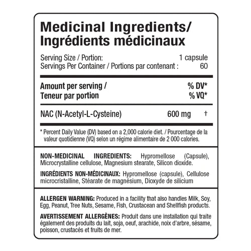 ALLMAX NAC Medicinal Ingredients panel — 600mg N-acetyl-L-cysteine per capsule, 60 capsules