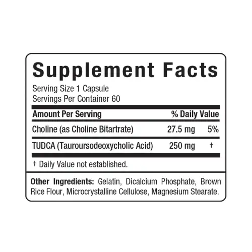 Allmax TUDCA+ Supplement Facts panel — 250mg TUDCA + 27.5mg Choline per capsule