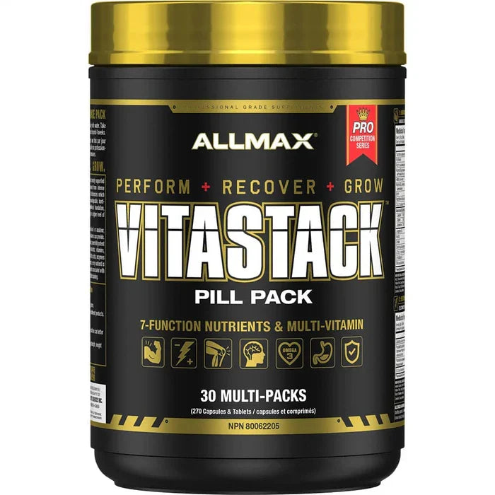 ALLMAX Vitastack 30 Pill Pack front of tub — 7-function multivitamin and performance nutrient packs