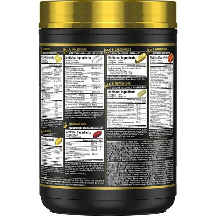 ALLMAX Vitastack tub back panel with medicinal ingredients and daily directions in English and French