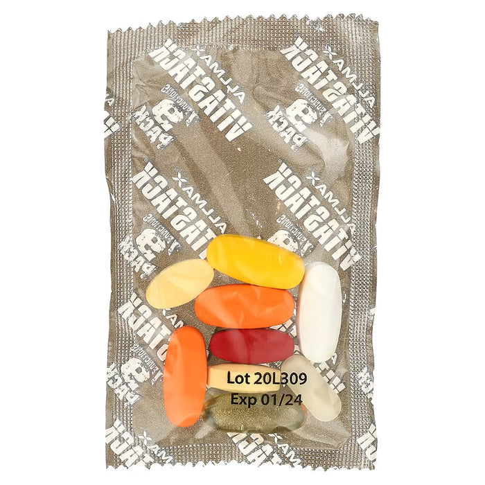 ALLMAX Vitastack single daily pill pack sachet showing the multivitamin, mineral and softgel capsules