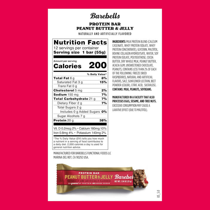 Barebells Peanut Butter & Jelly Protein Bar Nutrition Facts panel — 200 calories, 20g protein, no added sugar