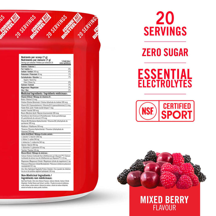 BioSteel Hydration Mix Mixed Berry nutrition panel — 20 servings, zero sugar, NSF Certified Sport