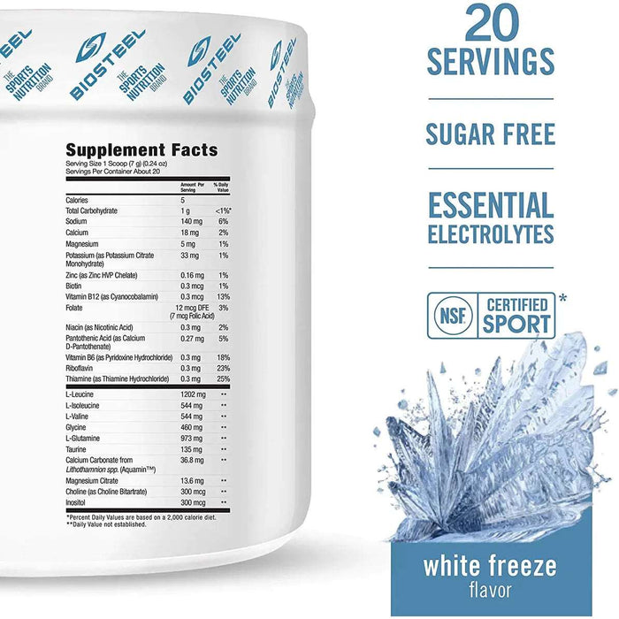 BioSteel Hydration Mix White Freeze Supplement Facts panel — 20 servings, sugar free electrolytes