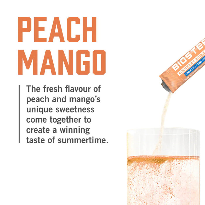 BioSteel Hydration Mix Peach Mango — sugar-free electrolyte stick poured into a glass of water