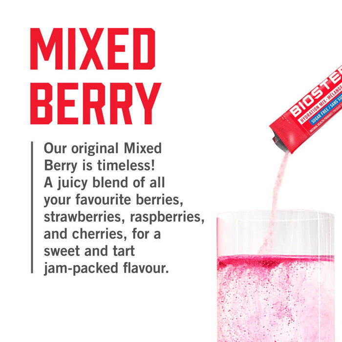BioSteel Hydration Mix Mixed Berry — sugar-free electrolyte stick poured into a glass of water