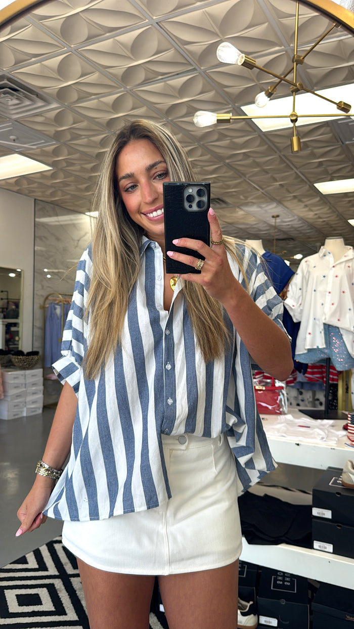 BLUE + WHITE STRIPE BUTTON TOP