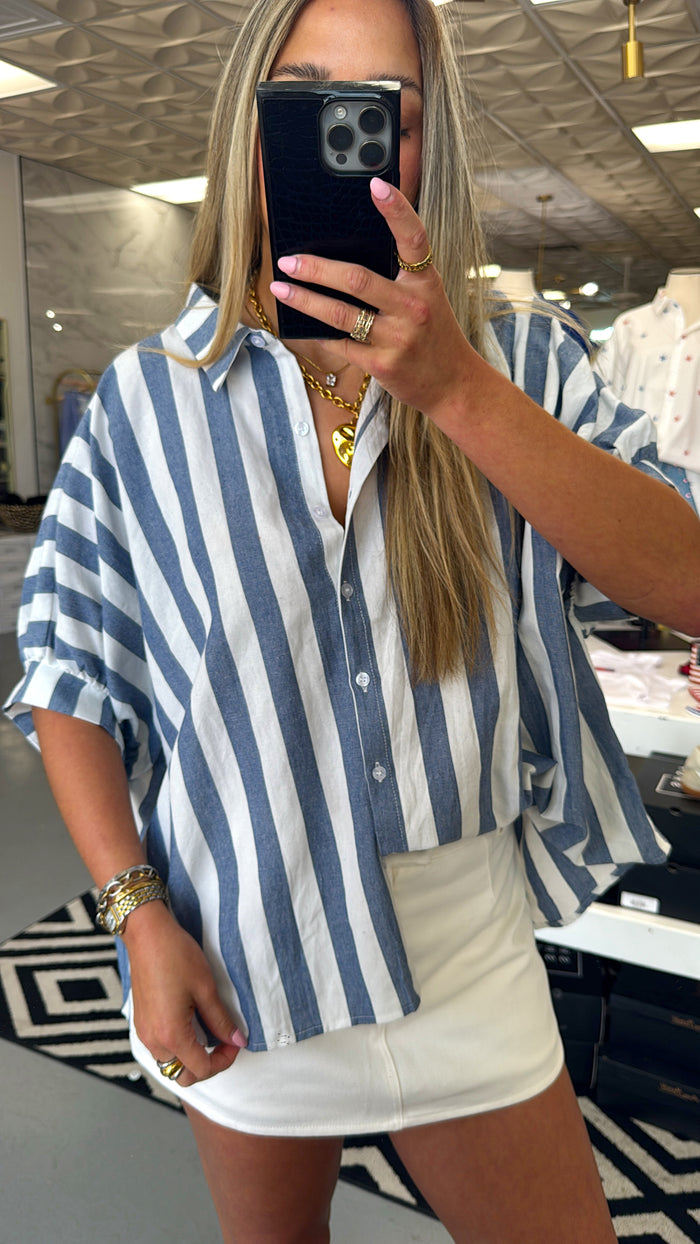 BLUE + WHITE STRIPE BUTTON TOP