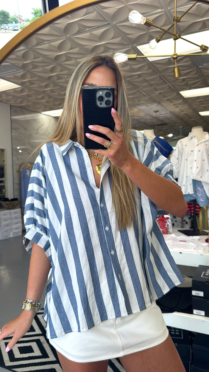 BLUE + WHITE STRIPE BUTTON TOP