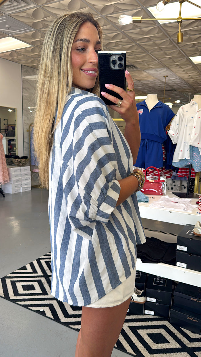 BLUE + WHITE STRIPE BUTTON TOP