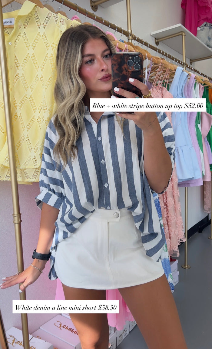 BLUE + WHITE STRIPE BUTTON TOP