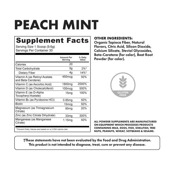 Bowmar Immunity Support Peach Mint — Supplement Facts panel, 20 calories, vitamins A, C, D and zinc