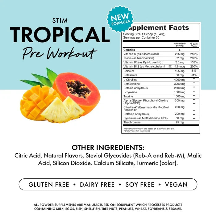 Bowmar Nutrition PRE WORKOUT Tropical stim Nutrition Facts panel with 200 mg caffeine and beta-alanine per scoop