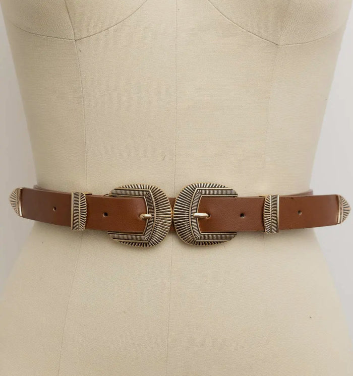Brown Double Buckle Faux Leather Western Style Belt
