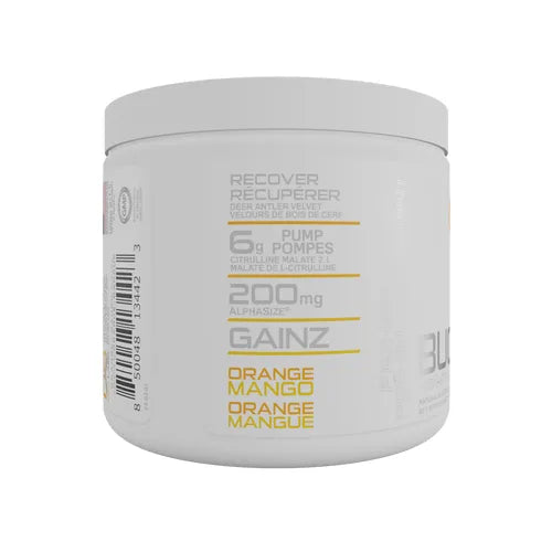 Bucked Up Pre-Workout Orange Mango — side of tub, 6g pump and 200mg AlphaSize callouts