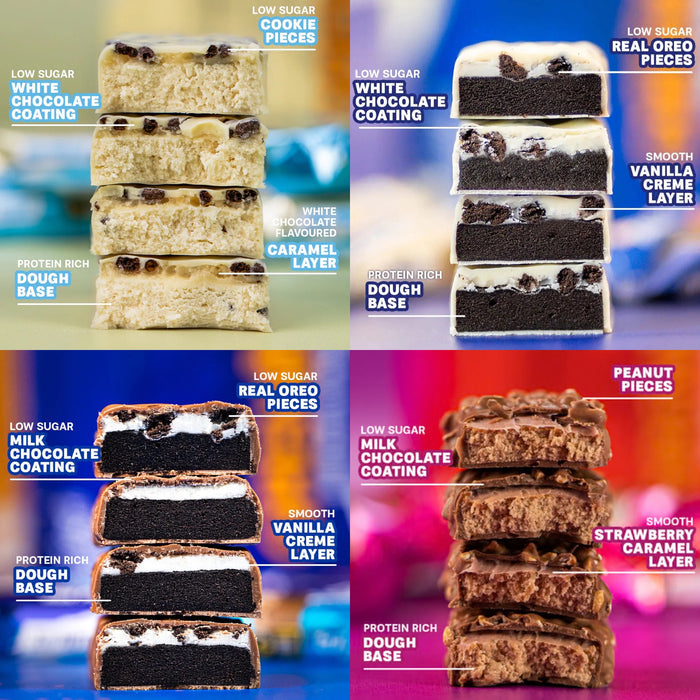 Grenade Carb Killa Protein Bar flavors infographic — cross-sections showing cookie, Oreo, vanilla creme and caramel layers