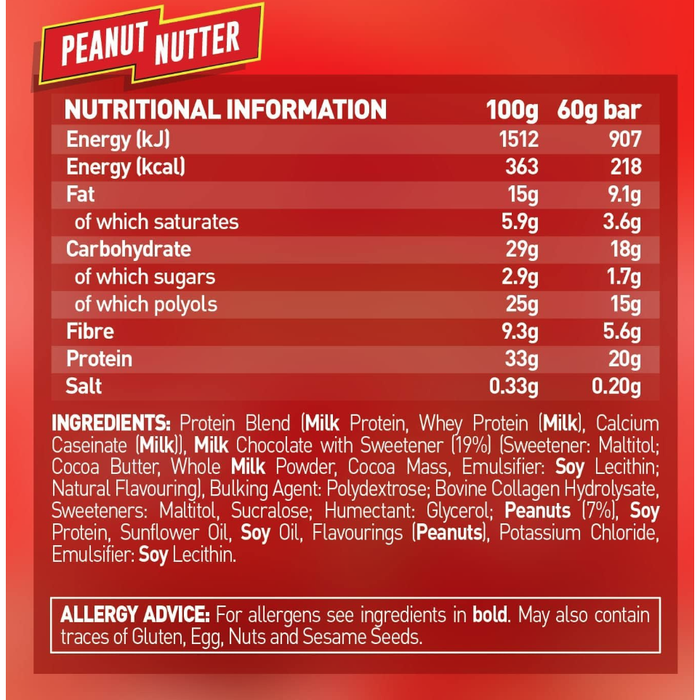 Grenade Carb Killa Peanut Nutter nutrition information panel — 20g protein per 60g bar, peanut pieces