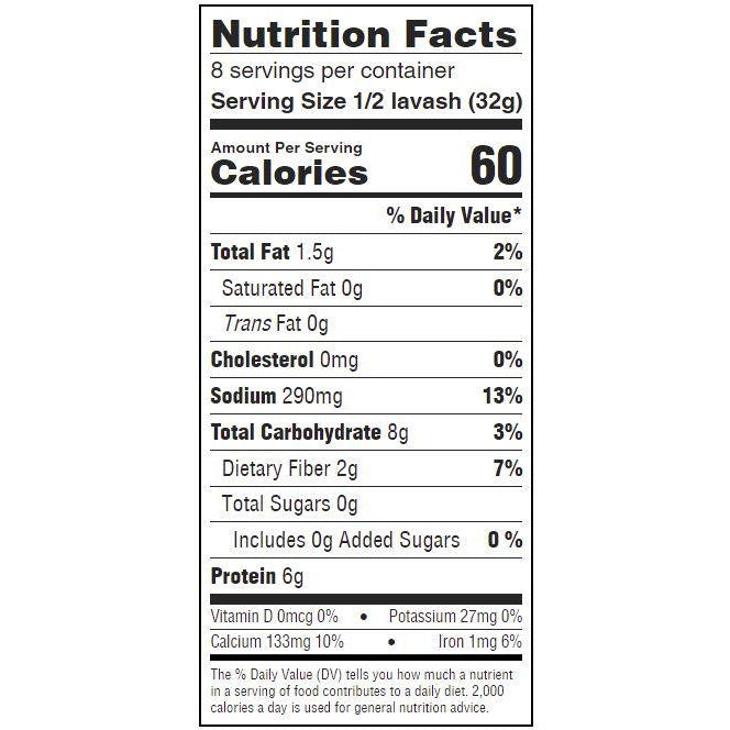 Joseph's Bakery KETO Lavash Bread (4 flatbreads per bag) Nutrition Facts label