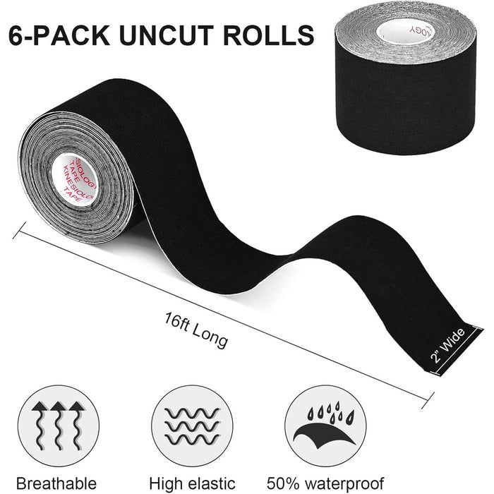 Kinesiology Tape (K-Tape) — black roll specs infographic, 16ft long, 2 inch wide, breathable and water-resistant