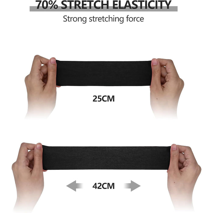 Kinesiology Tape (K-Tape) — 70% stretch elasticity demo, black strip stretching from 25cm to 42cm