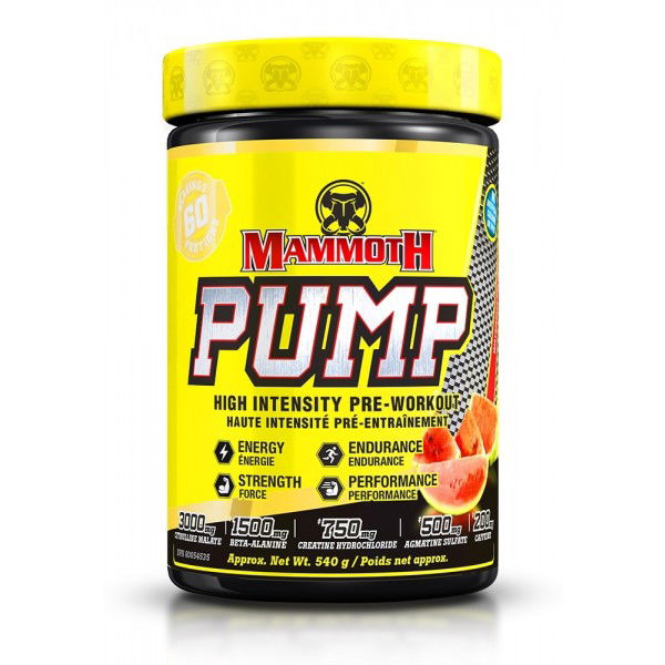 Mammoth Pump Pre-Workout Watermelon — front of 60-serving tub with watermelon imagery