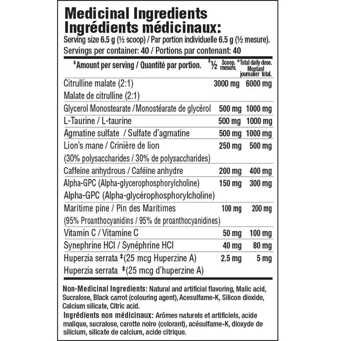 Mammoth Shock Pre-Workout supplement facts label — citrulline malate, beta-alanine and caffeine per scoop