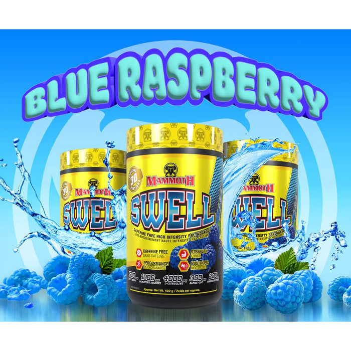Mammoth Swell Caffeine Free Pre-Workout Blue Raspberry — three tubs on a splash graphic