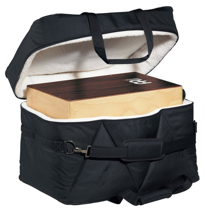 Housse cajon luxe large, nylon rembourré 20 mm, fourrure synthétique, poignée, sangle rembourrée, 60x43x38cm, noir