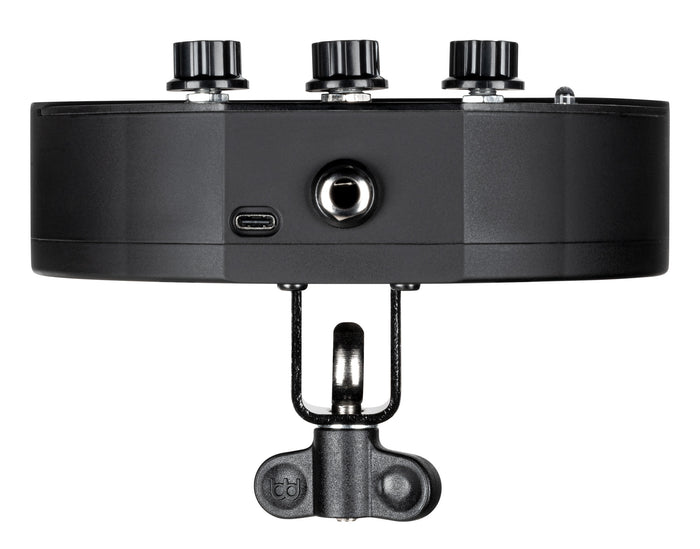 Pad de percussion compact électronique avec 5 sons différents, batterie rechargeable et adaptable à une perche de cymbale