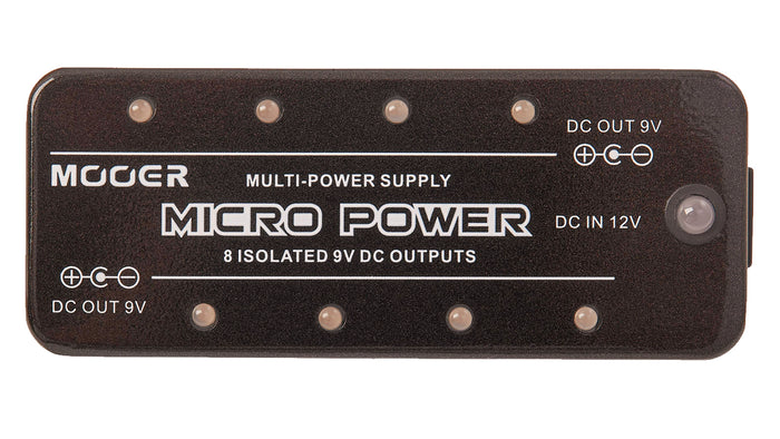 Pédale MICRO POWER, alimentation pour pédales, 8 sorties 9V (300 mA chacune), livré avec câble et adaptateur 12V/2A, noir