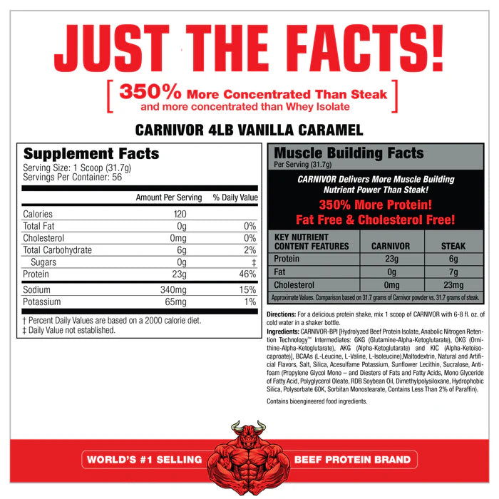 MuscleMeds Carnivor Vanilla Caramel supplement facts label — 23 g beef protein isolate, fat and cholesterol free