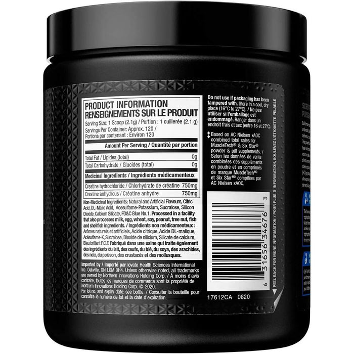 MuscleTech Creactor — back of tub, bilingual product information and medicinal ingredients panel