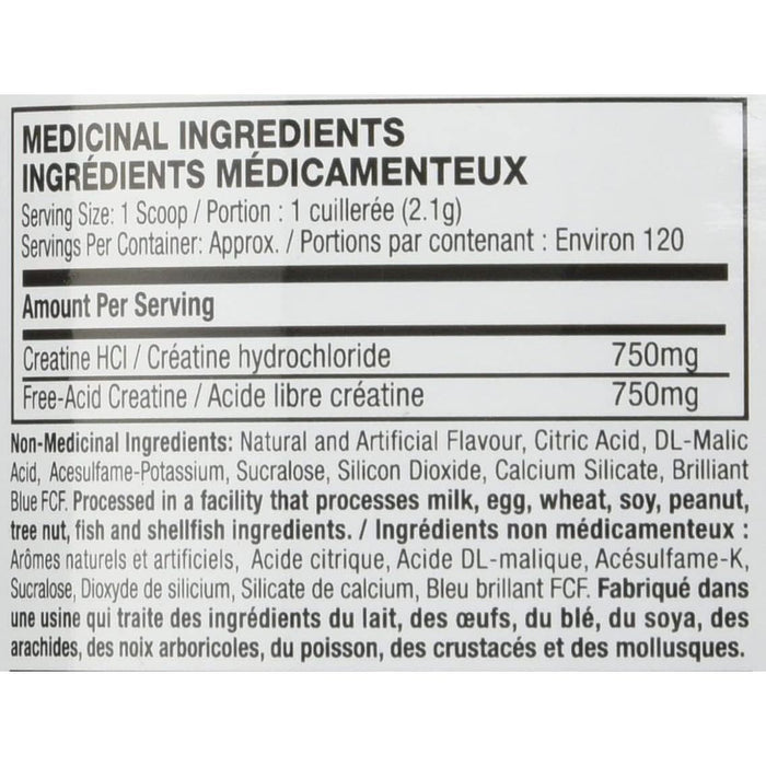 MuscleTech Creactor Supplement Facts panel — 750mg creatine HCl and 750mg free-acid creatine per scoop