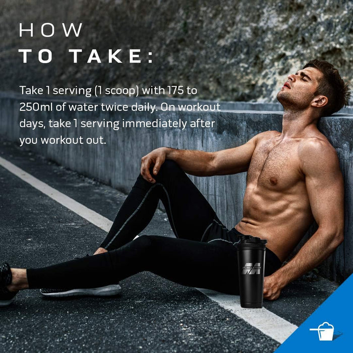 MuscleTech Creactor — how to take infographic, 1 scoop twice daily, with athlete and shaker