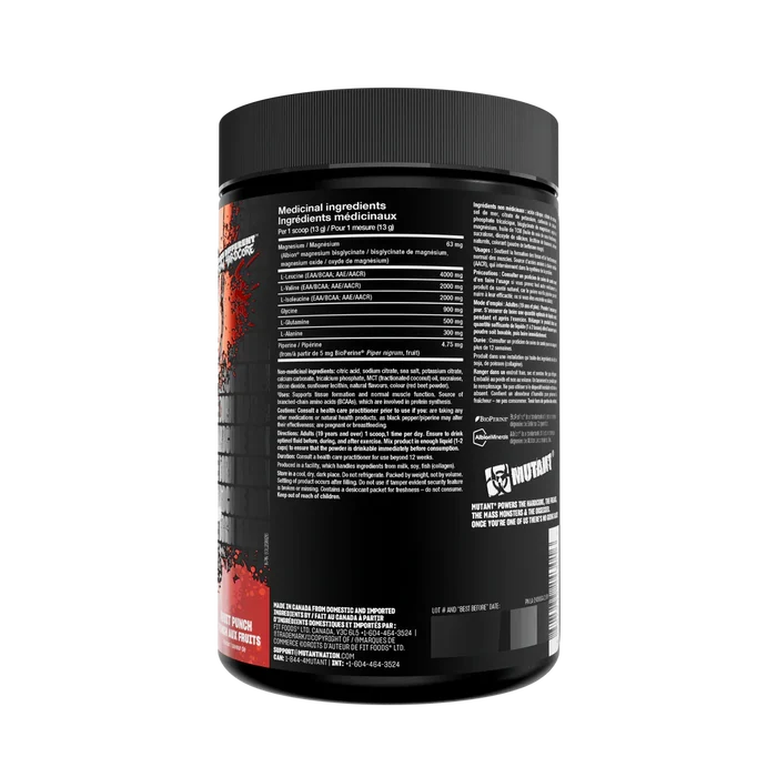 Mutant Hardcore BCAA Fruit Punch — back of tub, medicinal ingredients table, branched-chain amino acid powder