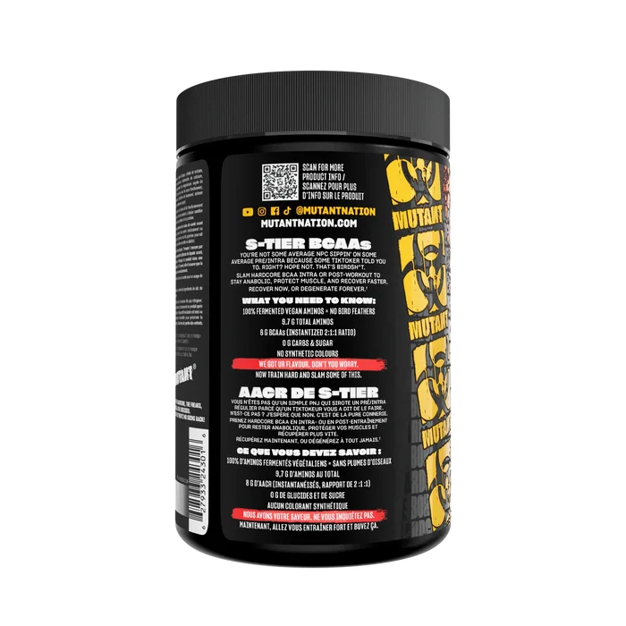 Mutant Hardcore BCAA Fruit Punch — back of tub showing 5-Tier BCAA details and scan-for-product QR code