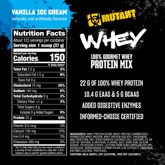 Mutant Whey Protein Powder Supplement Facts label