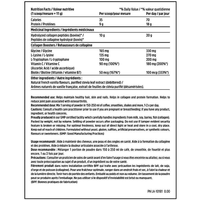North Coast Naturals Bovine Collagen bilingual Nutrition Facts panel — 10g hydrolyzed collagen peptides per scoop