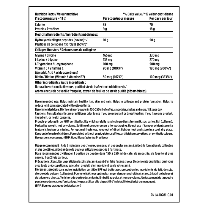 North Coast Naturals Bovine Collagen 500g Supplement Facts label — bilingual NHPD panel