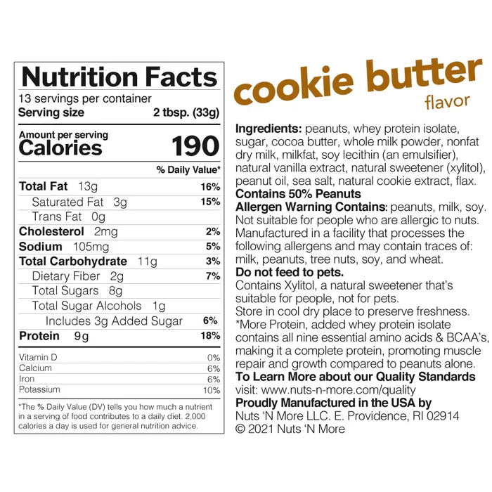 Nuts 'n More Protein Peanut Butter Nutrition Facts label — 190 cal, 9g protein