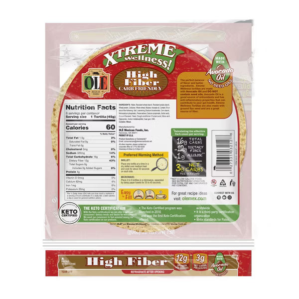 Ole Xtreme Wellness High Fiber Keto Tortilla Wraps (8 tortillas) — back of package