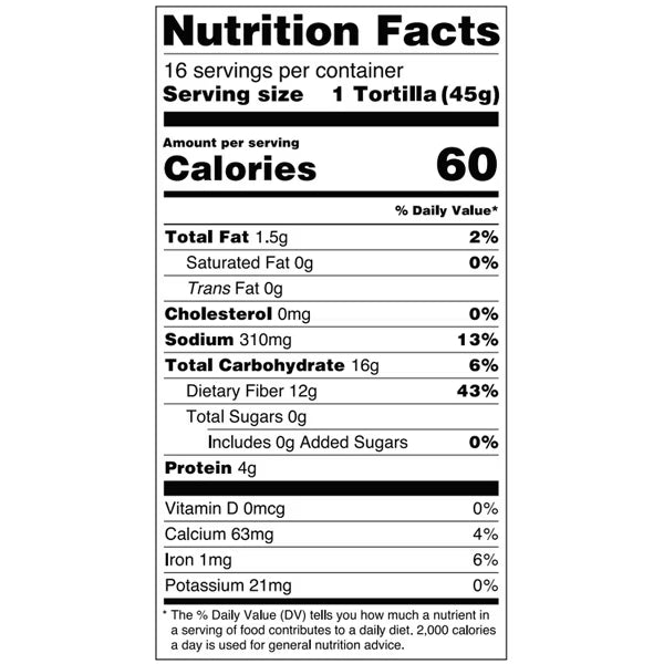 Ole Xtreme Wellness High Fiber Keto Tortilla Nutrition Facts — 60 calories and 12g fiber per tortilla