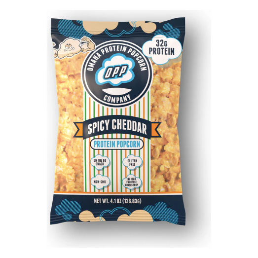 Omaha Protein Popcorn Spicy Cheddar — front of bag, gluten free with 32g protein per bag
