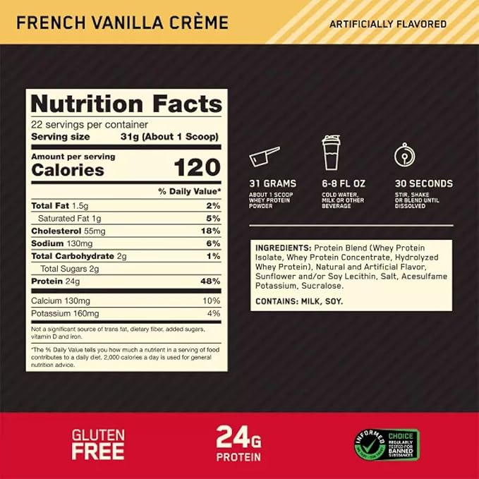 Optimum Nutrition Gold Standard 100% Whey Protein Powder (1.5 lb) Nutrition Facts panel
