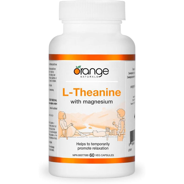 Orange Naturals L-Theanine + Magnesium 250mg (60 veg capsules) — front of tub — in Canada